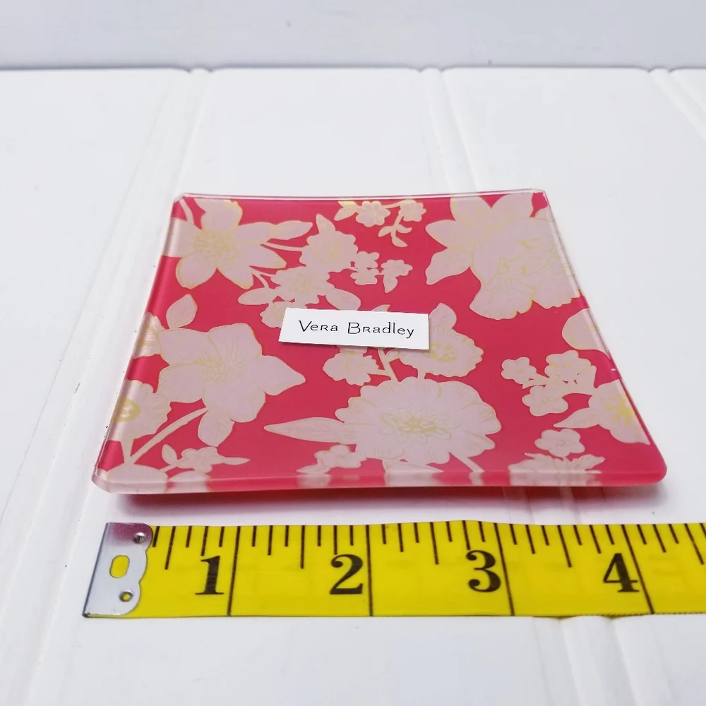 Vera Bradley Trinket Tray Pink Yellow Floral Glass Jewelry Holder. Home Decor